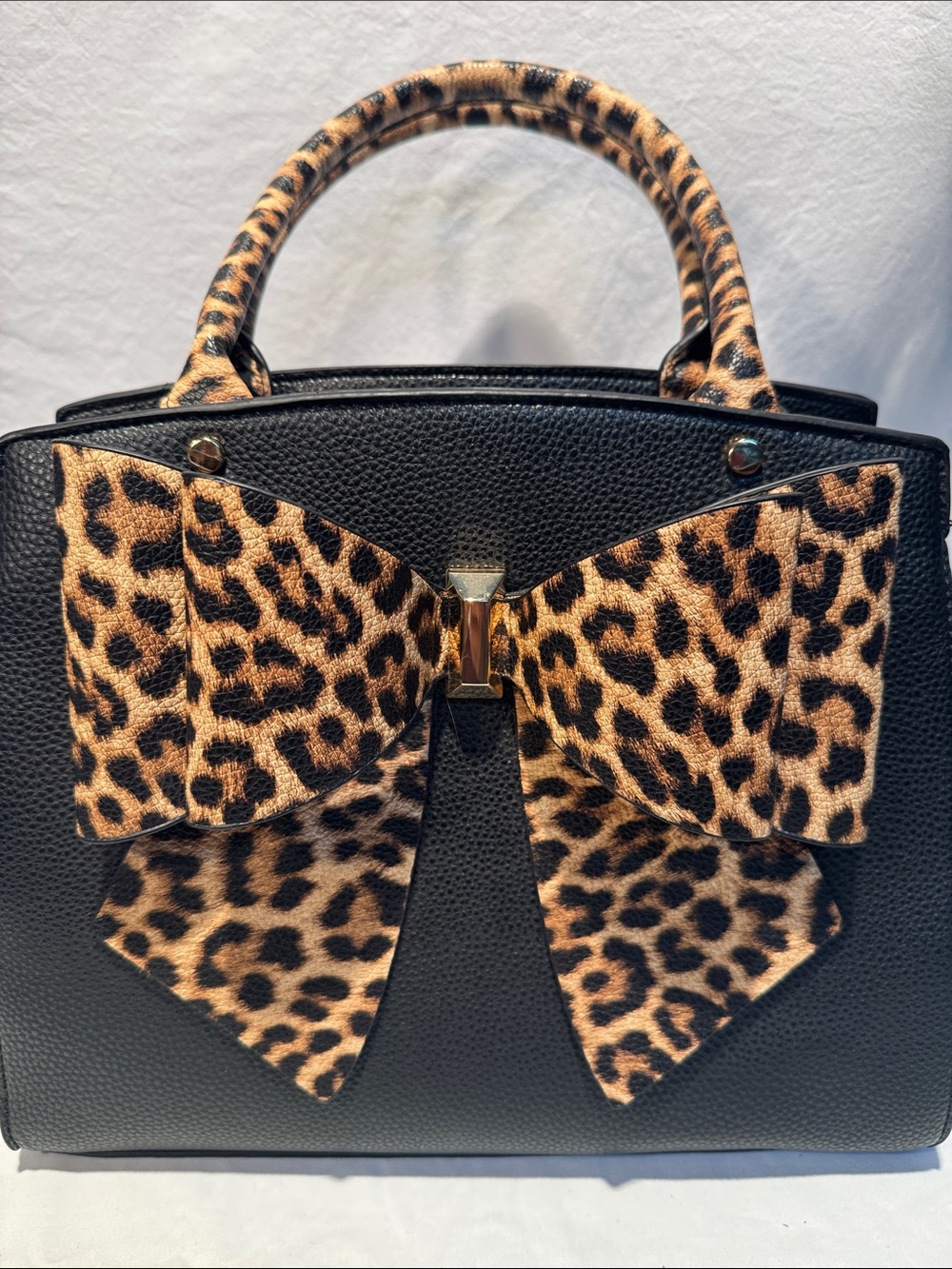 Black Satchel with Leopard Bow Accent - Picture 2 of 15